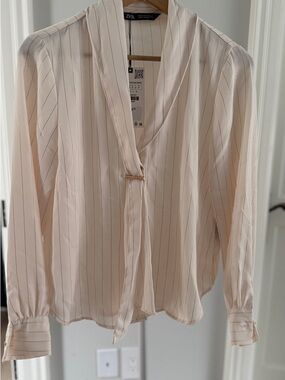 Zara Cream Pinstripe Tie-Neck Blouse with Gold Accent